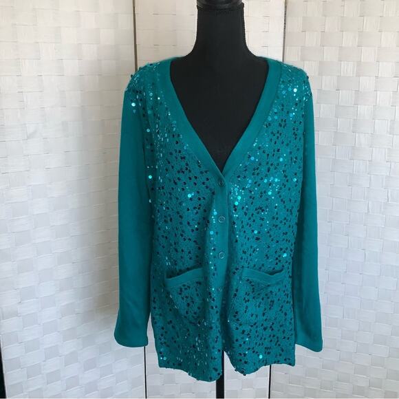 Bob Mackie Womens Wearable Art Sequin Aqua Blue Button Up Cardigan Size Small - Picture 1 of 16